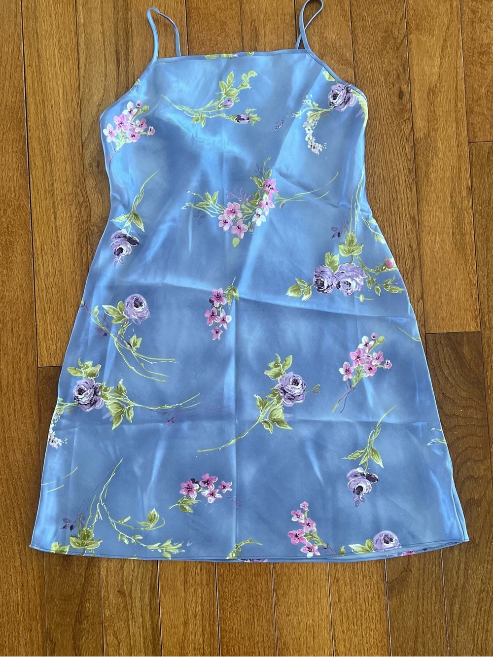 Blue Floral Satin Slip Mini Dress